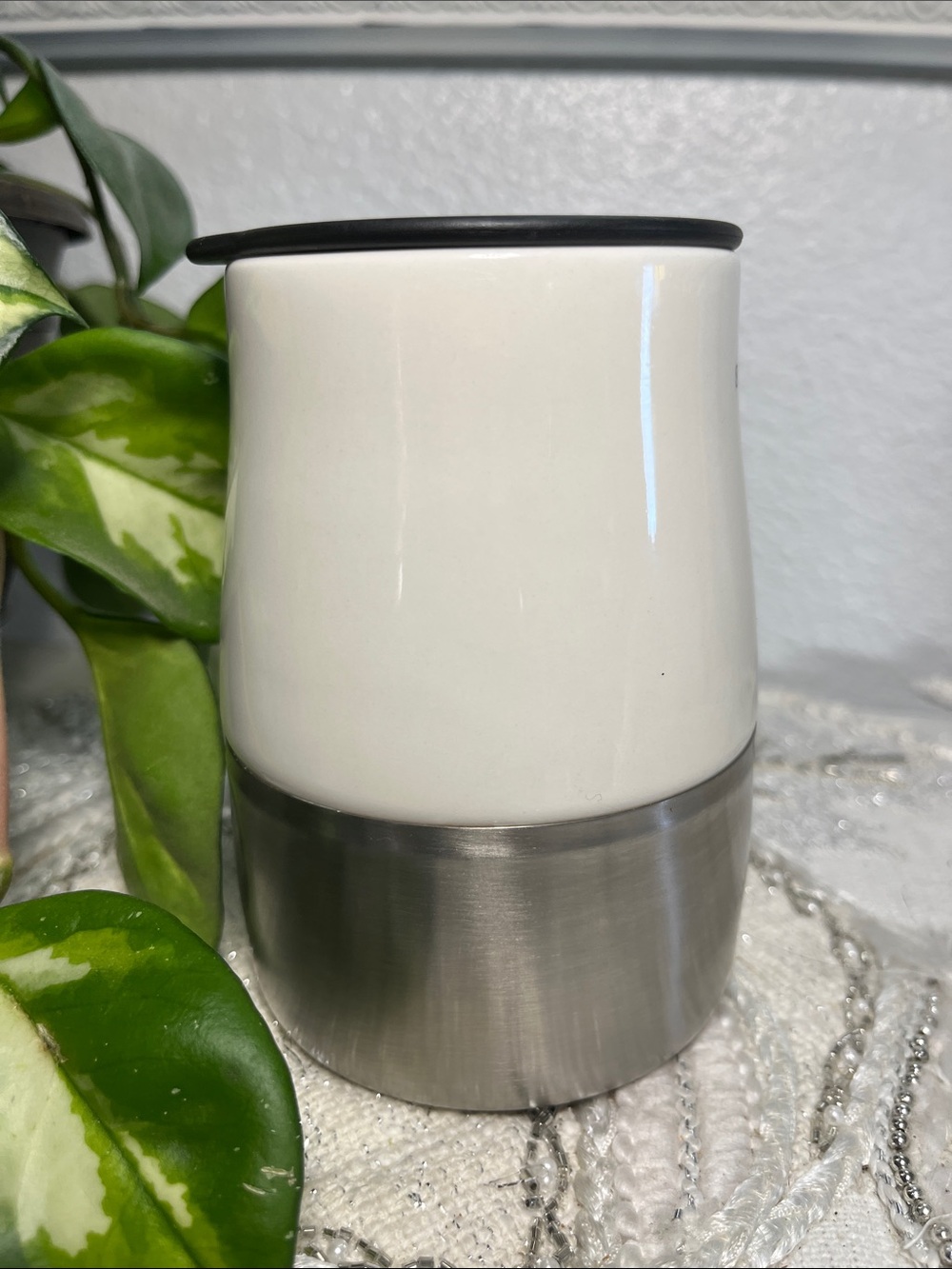 Starbucks White Ceramic Travel Mug with Black Rim and Stainless Base - Picture 3 of 7